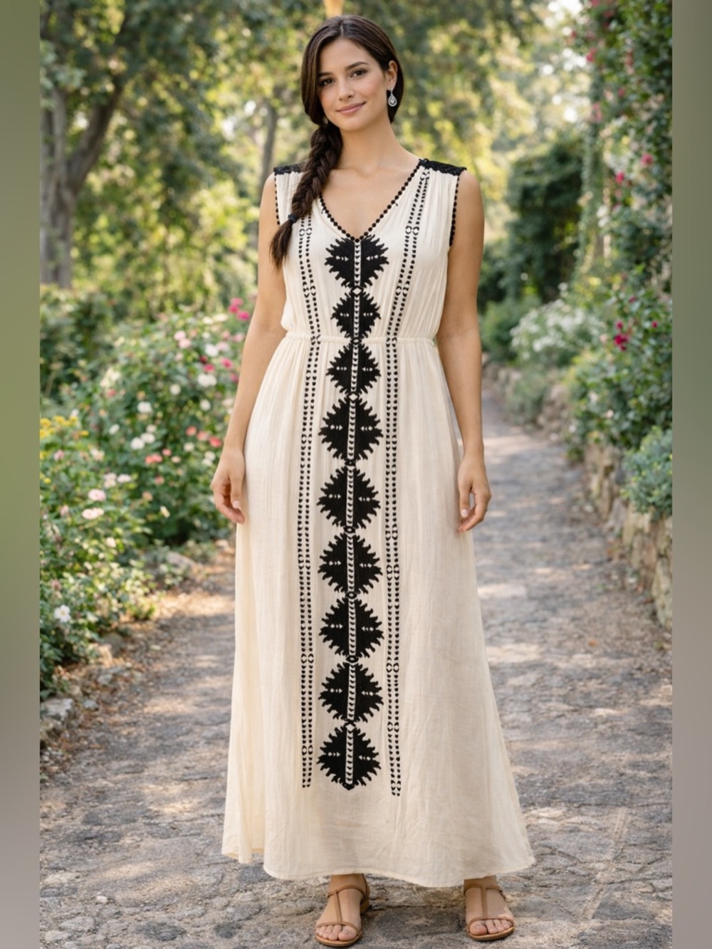 Xhilaration Cream Maxi Dress with Black Embroidered Panel